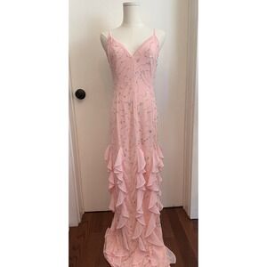 Bebe Cascade Beaded Mesh Gown Blush Pink Sequin Ruffle Formal Dress BEBE1324 S